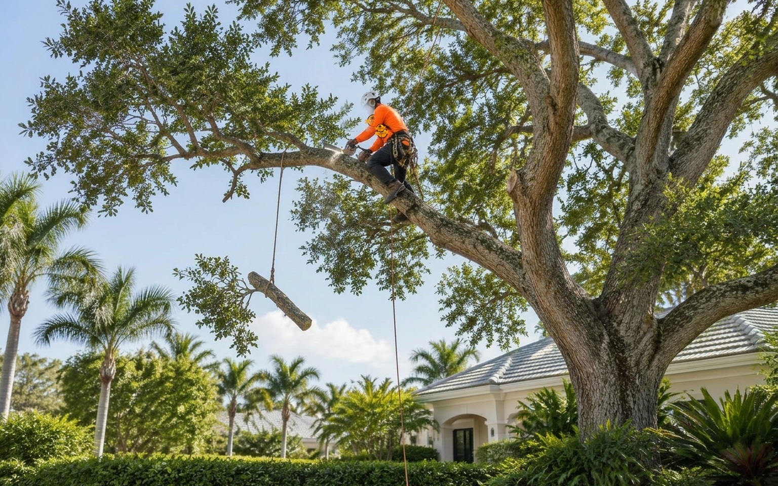 Arborist selectively reducing the outer canopy of a mature tree