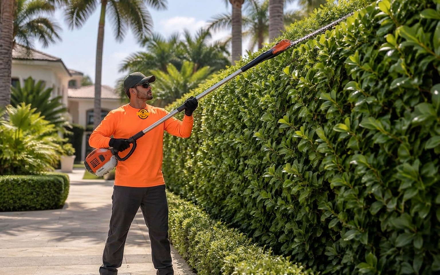 Professional trimming of a tall tropical privacy hedge