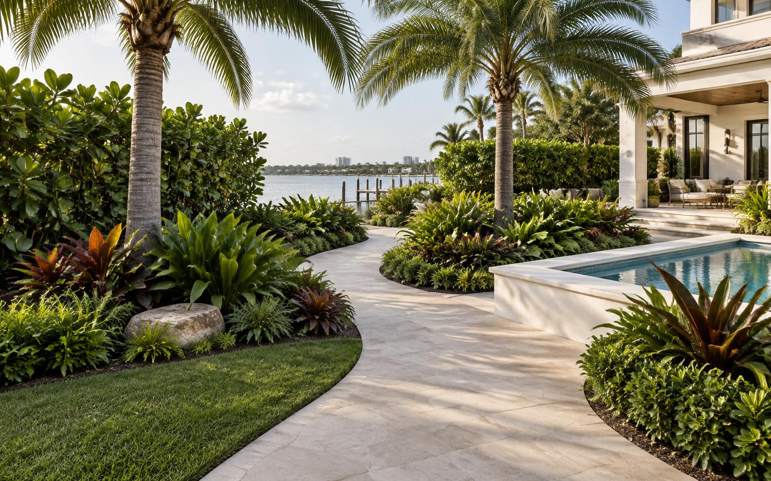 Designed tropical landscape with structured planting and a curved walkway