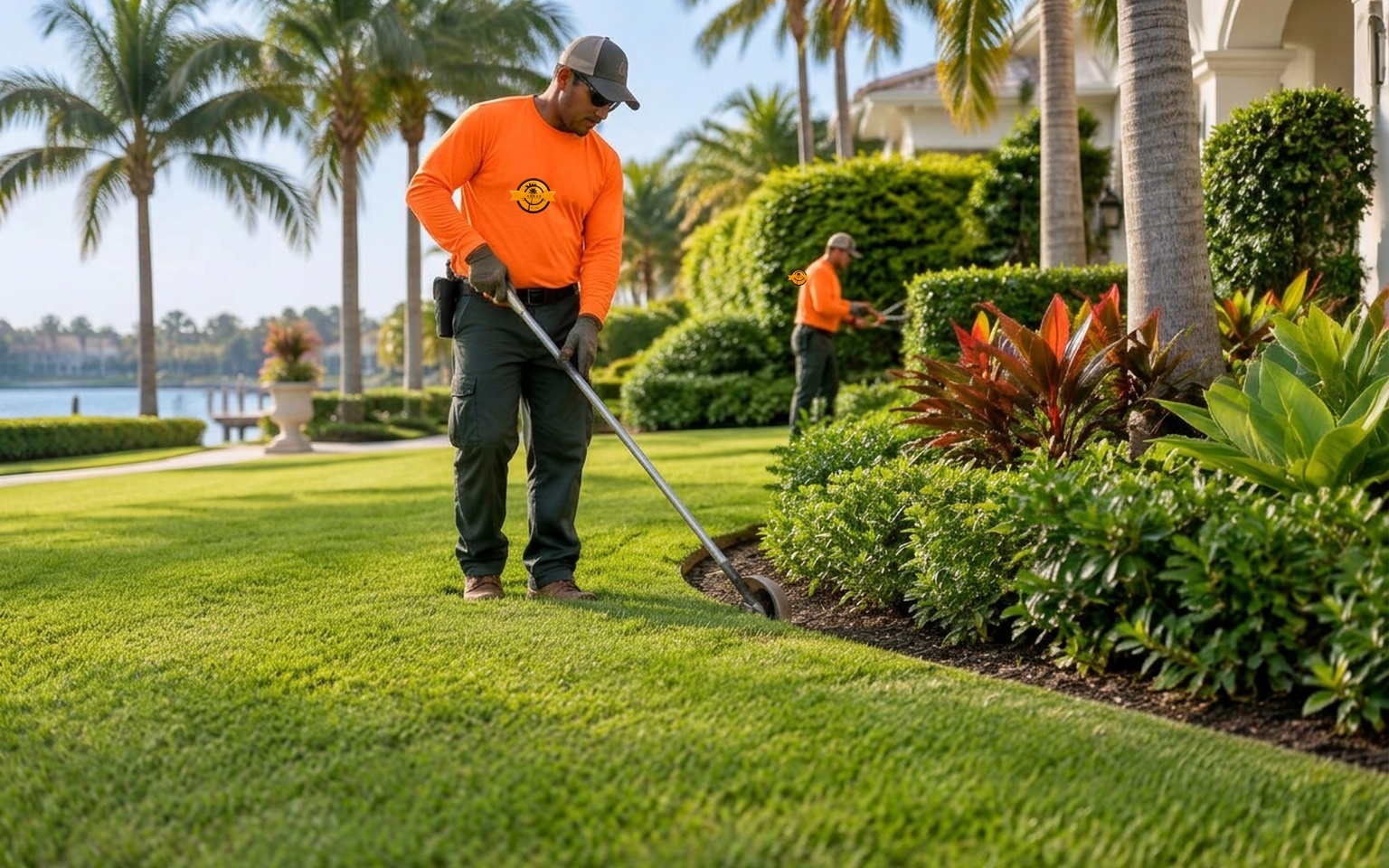 Professional maintenance of lawn edges and tropical planting