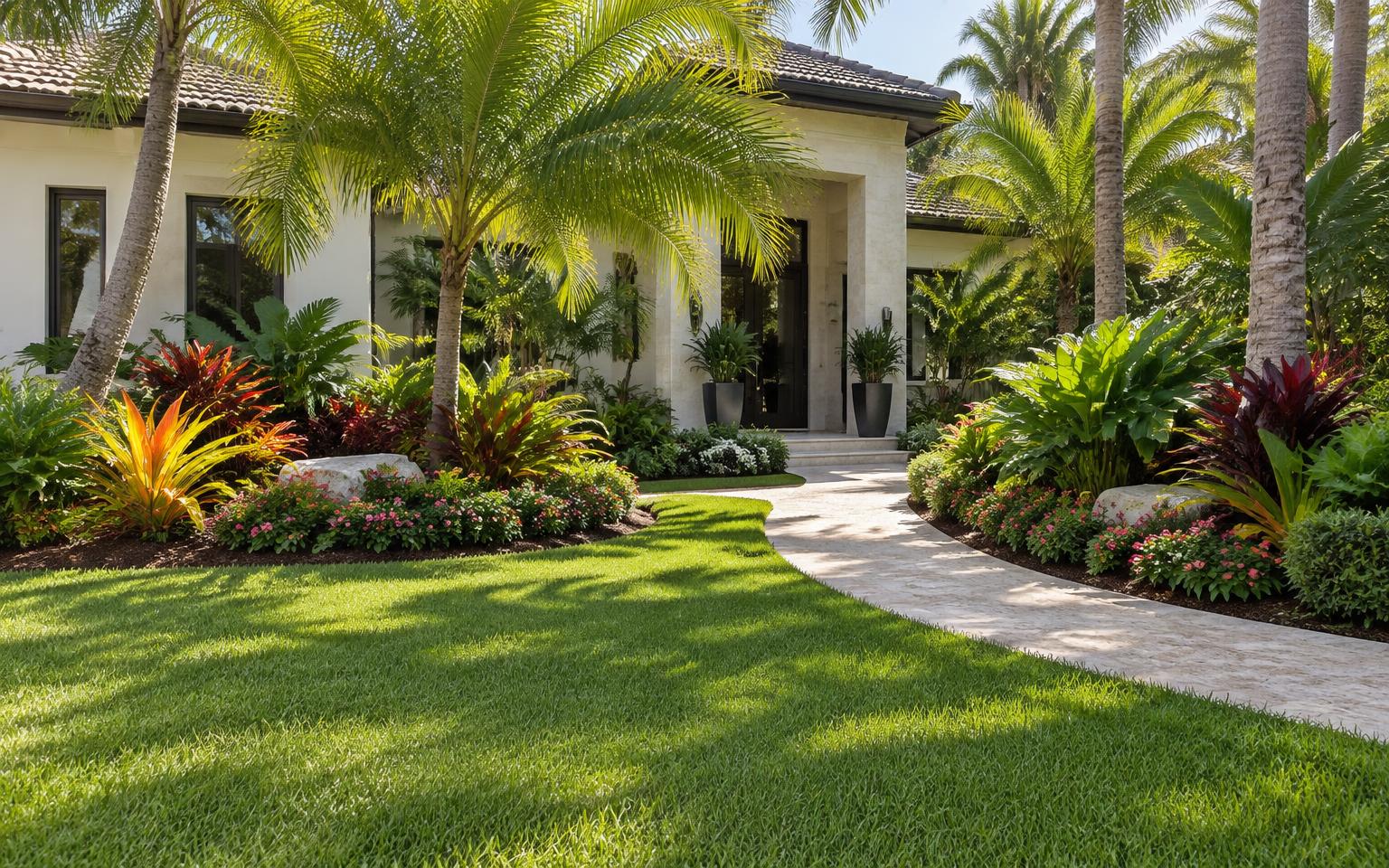 Layered tropical landscaping at a South Florida property