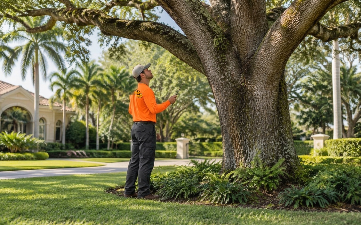 Tree specialist inspecting a mature shade tree in a tropical landscape