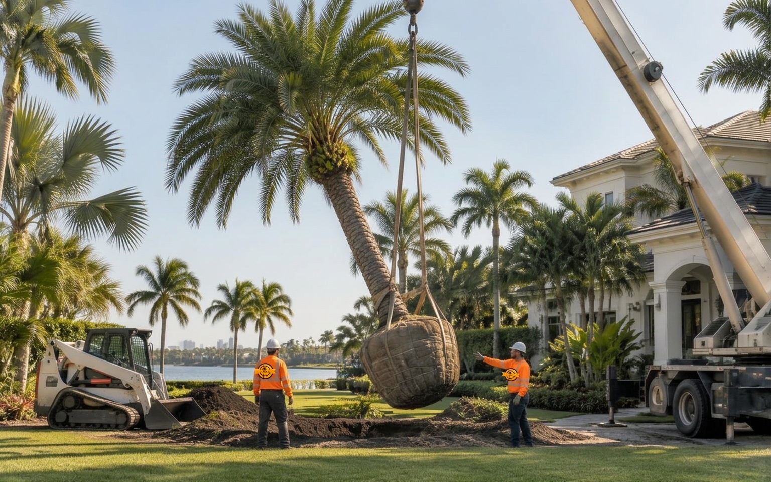 Mature palm and root ball being lifted for relocation